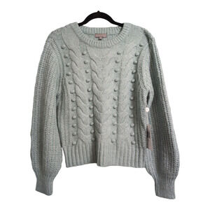 Evolution by Cyrus Cable Knit Balloon Sleeve Pullover Sweater Brgtn Blue M New